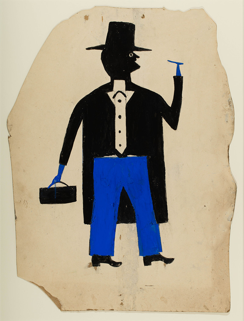 <em>Man in Black and Blue with Cigar and Suitcase</em>, by Bill Traylor, ca. 1939&ndash;1942, pencil and posterpaint on cardboard. Collection of Jerry and Susan Lauren. Photo: Matt Flynn &copy; Smithsonian Institution
