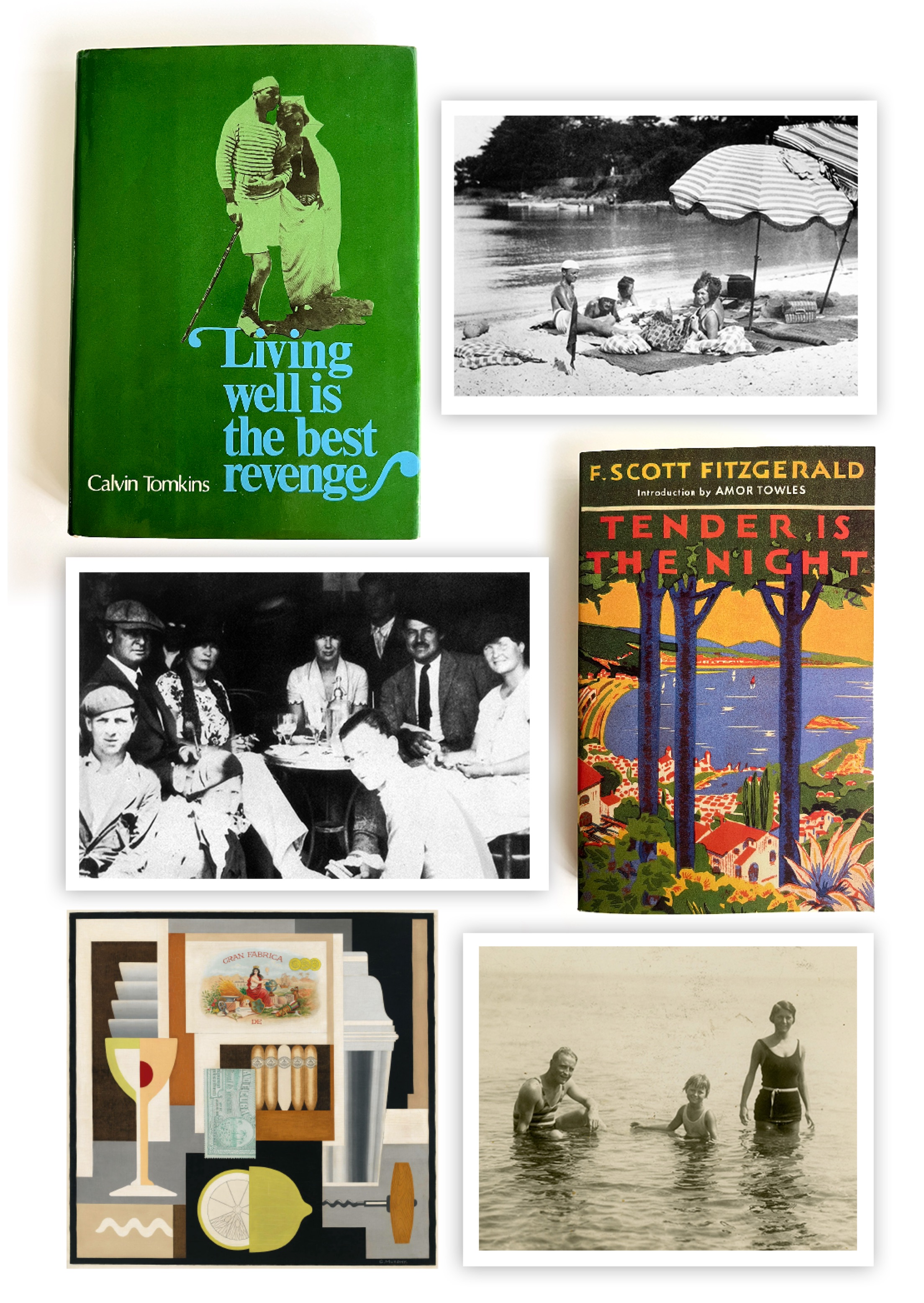 <strong>WHEN EVERYONE WAS STILL NO ONE</strong><br/><span> The book jacket of Tomkins&rsquo; indelible story of the little remembered but enormously influential Murphy couple; the Murphys on the beach in Antibes in the 1920s, when it had yet to be discovered; Fitzgerald based the main characters of <em>Tender Is the Night</em> on the Murphys; the novelist&mdash;photographed here with his wife Zelda and daughter Scottie&mdash;didn&rsquo;t like to swim yet when he visited the Murphys he wore stripes; <em>Cocktail</em>, which Murphy painted in 1927, is in the collection of the Whitney Museum; the Hemingways and Murphys with friends in Pamplona, Spain, for the bullfights, 1926</span>