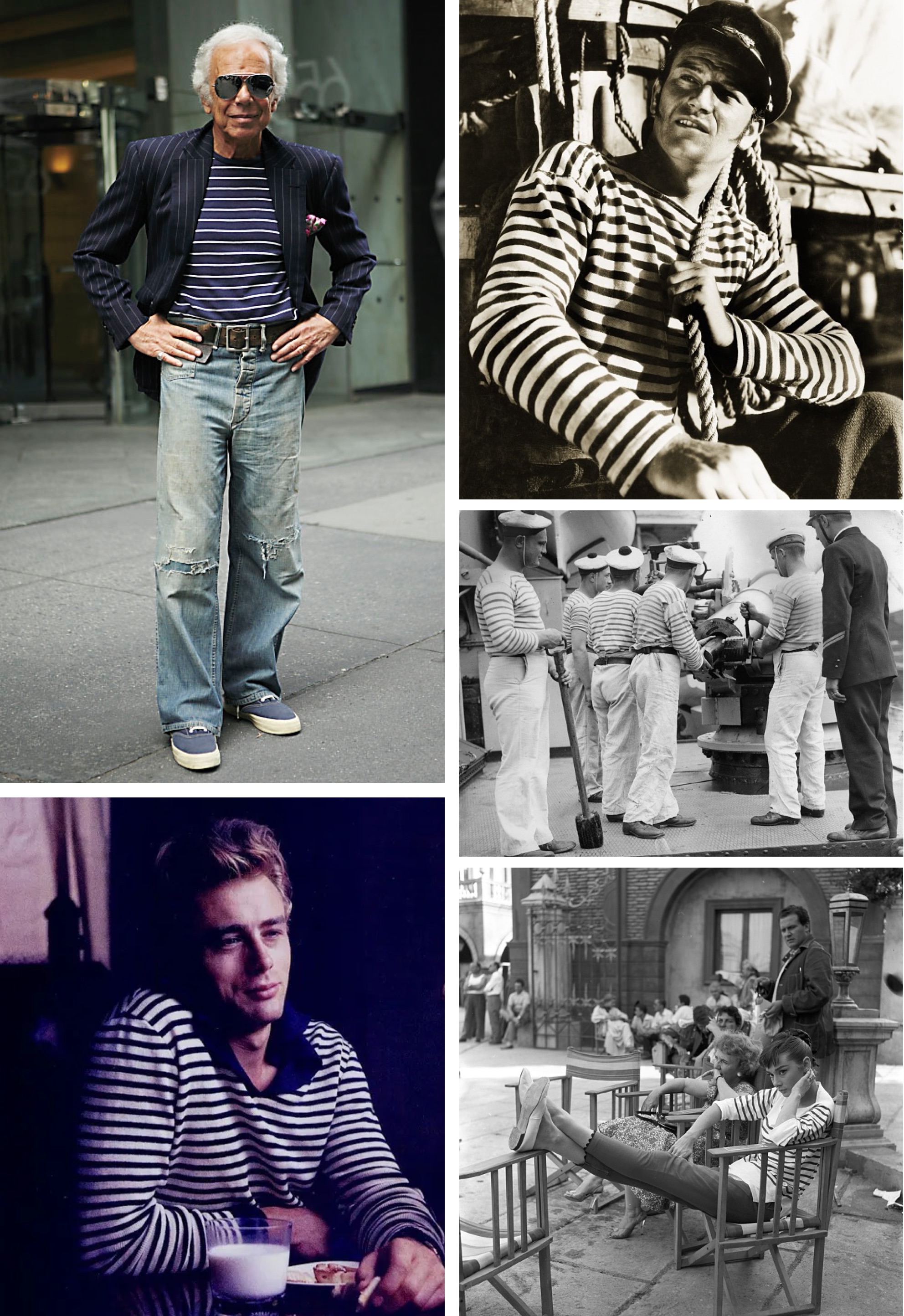 <strong>BANDED TOGETHER</strong><br/><span>Ralph has been riffing on the marini&egrave;re for years, styling it in a way that shows how something of simple perfection can be dressed up or down; John Wayne in <em>Adventure&rsquo;s End</em>; a crew of French cadets, 1935; Audrey Hepburn takes a break on a movie set, 1955; James Dean wears Breton stripes; and, below, Picasso, in his studio near Cannes, 1960</span>