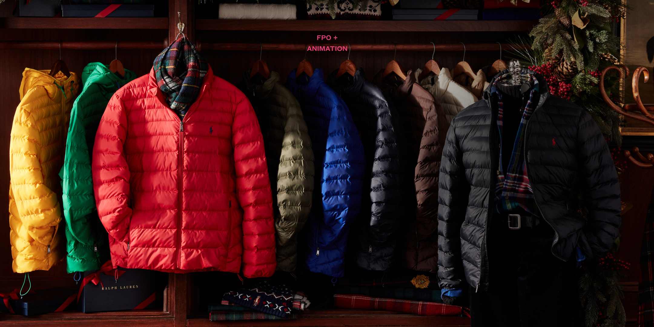 Customized packable down jackets in various hues in closet.