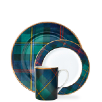 Green plaid plates and mug.