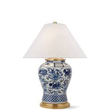 Blue patterned lamp with white shade.